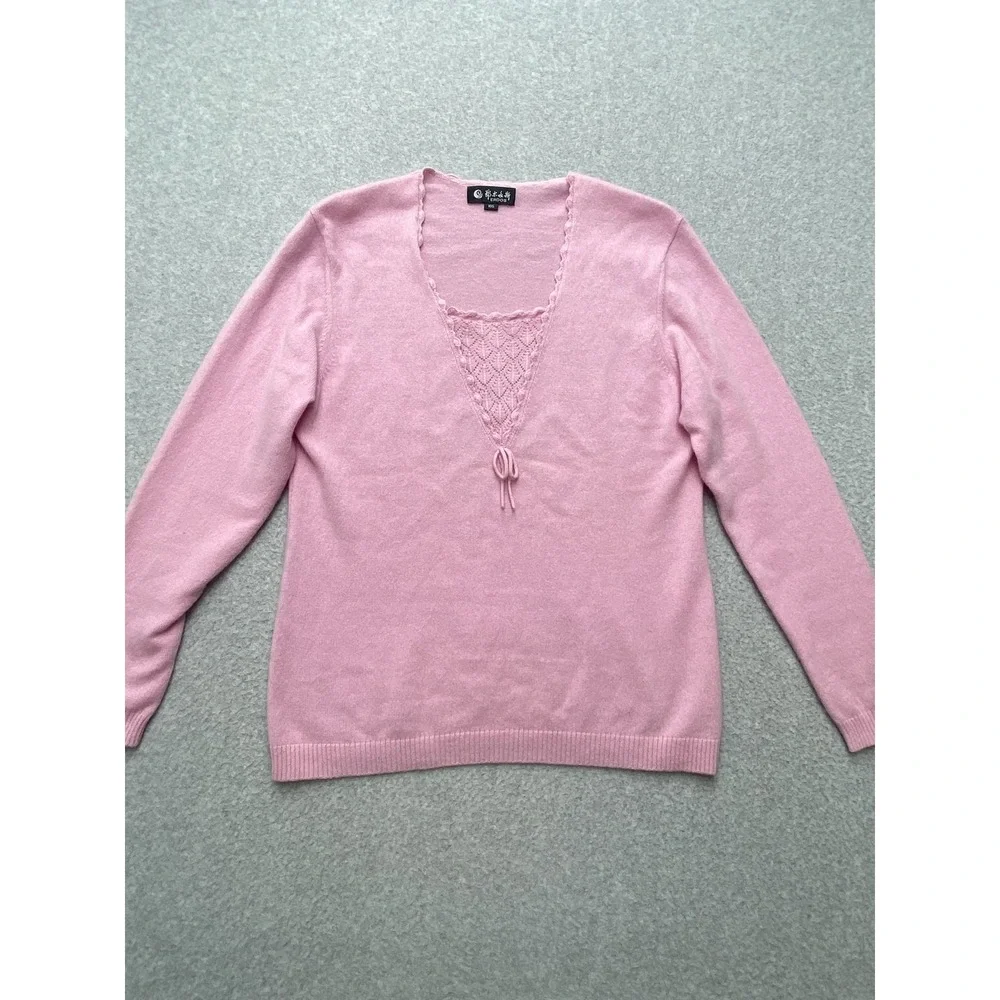 ERDOS Sweater Womens 105 Pink Cashmere Blend V Neck Bow Knit Pullover Top